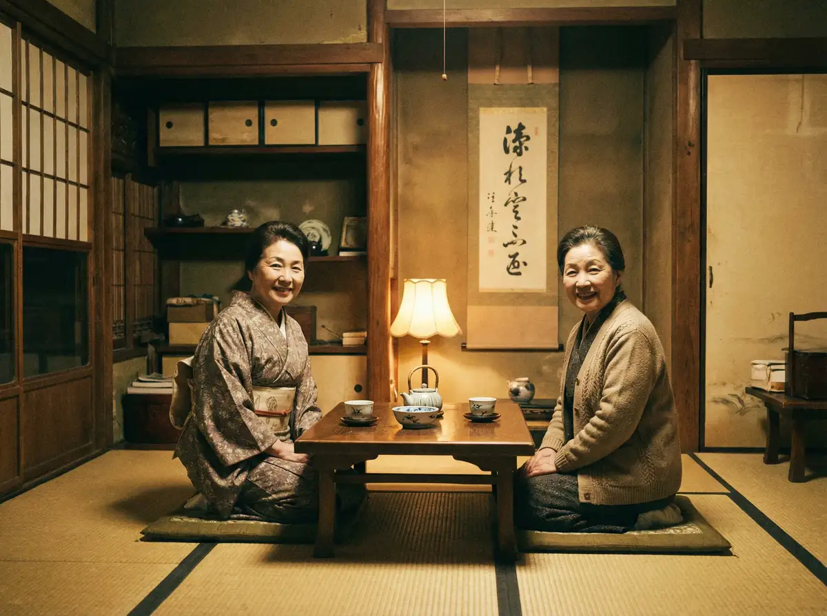 两位优雅的 皇冠体育官网 在日式茶室中品茶交谈